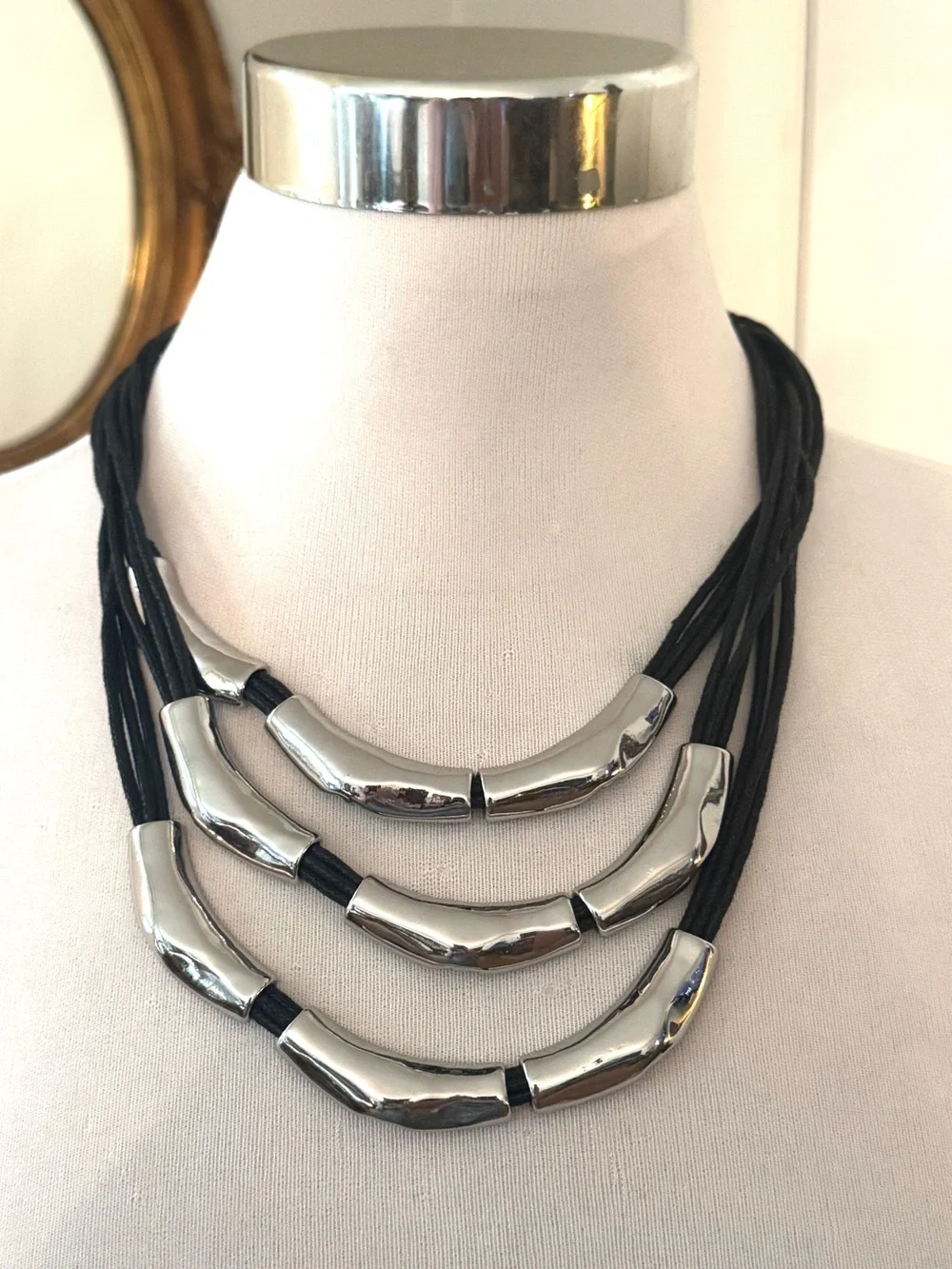 Chico’s Silver Tone Triple Strand Black Cord Statement Necklace 22” Modernist